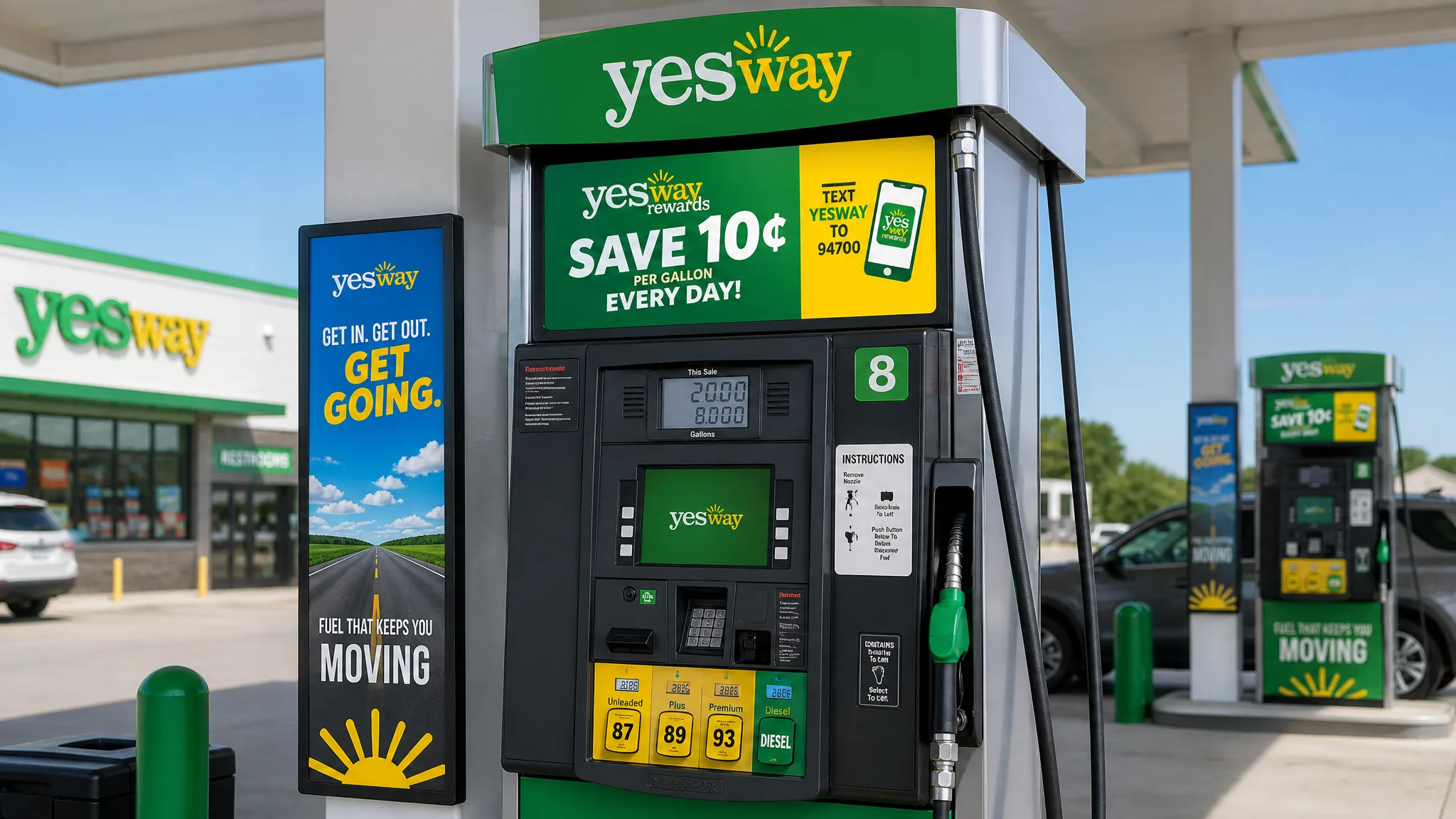Yesway fuel pump with branded signage and rewards promotion